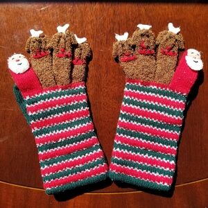 Vintage 00's Festive Reindeer and Santa Knit Gloves Mittens With Finger Puppets